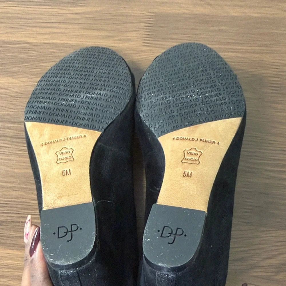 Donald J. Pliner Black Suede‎ Wedge Shoes with Floral Accent